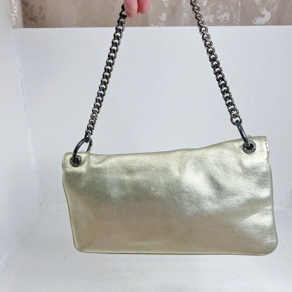 Vintage Michael Kors Fulton Gold Leather Shoulder Bag Silver Chain Purse - Picture 3 of 11